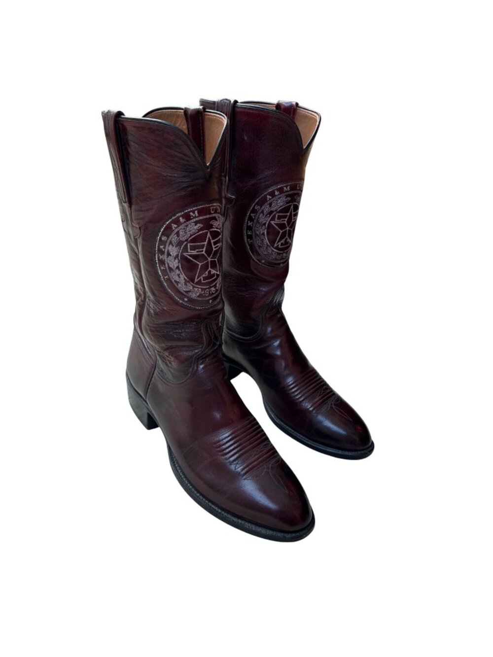 Lucchesse Mens Leather Dark Red Texas A&M Embroidered Western Boots Sz 8.5D USA